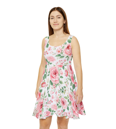 Pink Rose Floral Skater Dress, Women’s Romantic Summer Sundress, Cottagecore Dress, Feminine Garden Dress, Soft Aesthetic Outfit