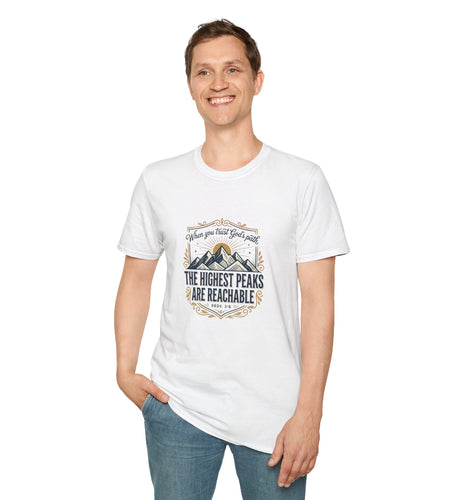 Men’s Inspirational Mountain T-Shirt – The Highest Peaks Are Reachable, Outdoor Adventure Faith Tee