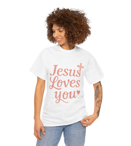 Jesus Loves You T-Shirt – Pink Script Faith Tee with Cross