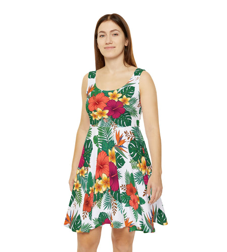 Tropical Floral Skater Dress, Women’s Summer Vacation Sundress, Hawaiian Beach Dress, Island Resort Outfit, Hawaii Style, Bright Hibiscus Floral Dress