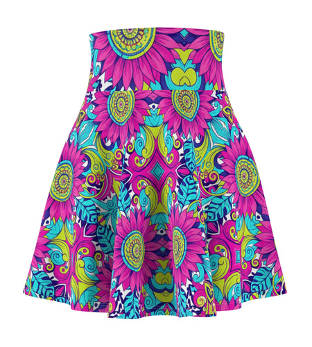 Psychedelic Floral Skater Skirt for Women | Bright Colorful Festival Skirt | Boho Summer Outfit | Vibrant High Waist Skirt