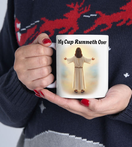With Him My Cup Runneth Over – Jesus Coffee Mug | Christian Coffee Lover Gift | Faith & Humor Mug 11 oz & 15 oz