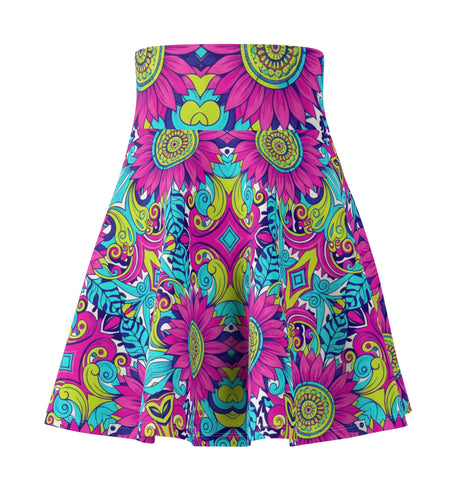 Psychedelic Floral Skater Skirt for Women | Bright Colorful Festival Skirt | Boho Summer Outfit | Vibrant High Waist Skirt