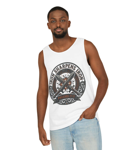Men’s Iron Sharpens Iron Tank Top – Christian Gym Muscle Tee, Faith Strength Workout Shirt