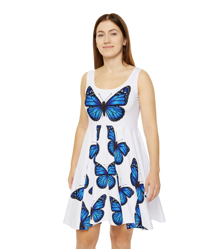 Blue Monarch Butterfly Skater Dress, Women’s Elegant Summer Sundress, Soft Aesthetic Outfit, Serene Feminine Dress, Light Angelic Butterfly Dress
