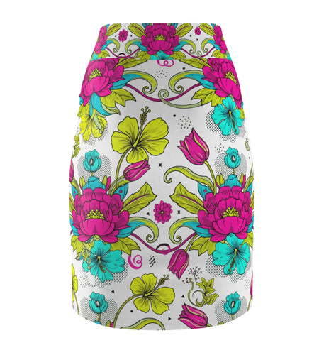 Floral Pencil Skirt – Bright Pink & Teal Garden Print Midi Skirt, Colorful Boho Chic Summer Outfit, Office to Party Wear
