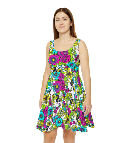 Floral Retro Skater Dress, Bright Colorful Sundress, Women’s Summer Festival Dress, Vintage Inspired Boho Dress, Psychedelic Floral Outfit, All Over Print