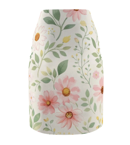 Pink Daisy Watercolor Pencil Skirt for Women | Soft Floral Spring Skirt | Feminine Pastel Outfit | Mid-Waist Everyday Skirt