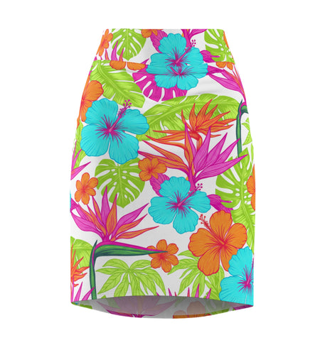 Tropical Hibiscus Pencil Skirt for Women | Bright Floral Summer Skirt | Vacation Beach Outfit | Colorful Mid-Waist Skirt