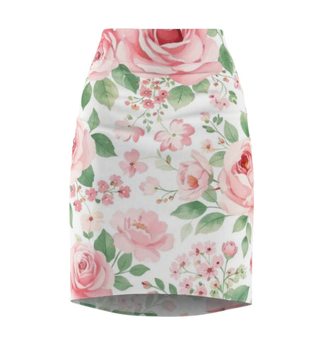 Pink Rose Floral Pencil Skirt for Women | Romantic Garden Skirt | Soft Watercolor Spring Outfit | Feminine Mid-Waist Skirt