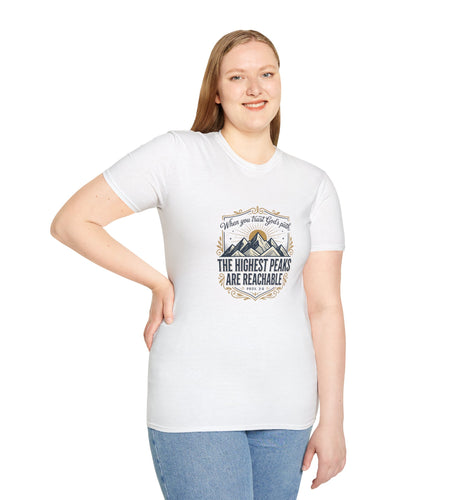 Men’s Inspirational Mountain T-Shirt – The Highest Peaks Are Reachable, Outdoor Adventure Faith Tee