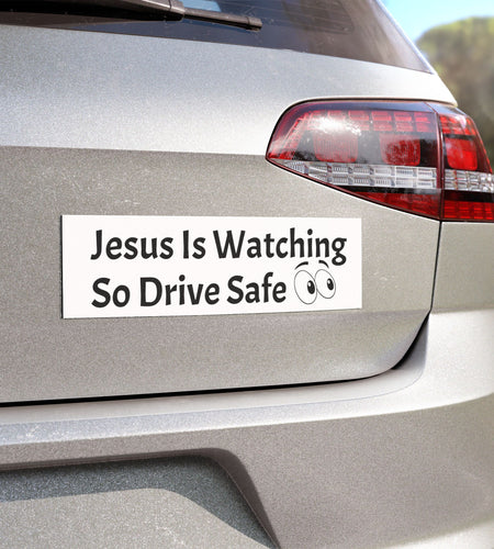 Funny Christian Car Magnet – “Jesus Is Watching So Drive Safe” – Cute Cartoon Eyes Bumper Sticker