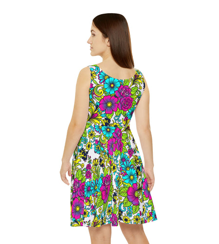 Floral Retro Skater Dress, Bright Colorful Sundress, Women’s Summer Festival Dress, Vintage Inspired Boho Dress, Psychedelic Floral Outfit, All Over Print