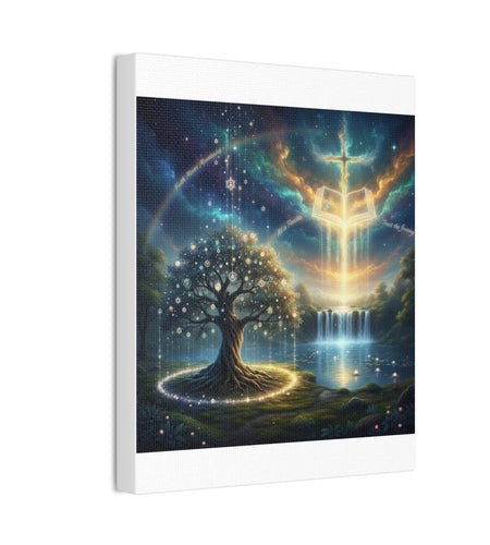 Spiritual Tree of Life Canvas Art — Mystical Cross & Waterfall Stretched Canvas - Home Decor