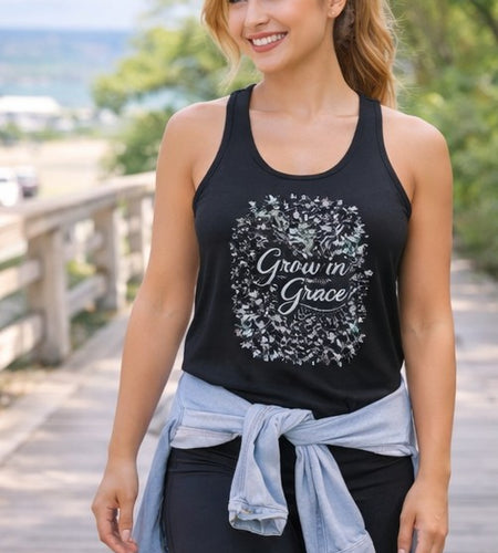 Grow in Grace Christian Racerback Tank â Floral Faith Tank Top for Women â Inspirational Church Summer Tank â Christian Gift for Her