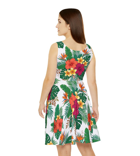 Tropical Floral Skater Dress, Women’s Summer Vacation Sundress, Hawaiian Beach Dress, Island Resort Outfit, Hawaii Style, Bright Hibiscus Floral Dress