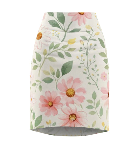 Pink Daisy Watercolor Pencil Skirt for Women | Soft Floral Spring Skirt | Feminine Pastel Outfit | Mid-Waist Everyday Skirt