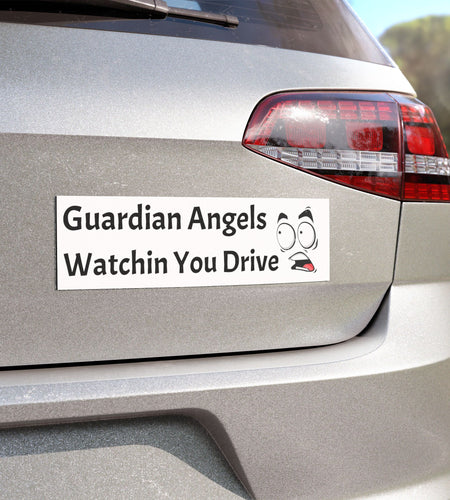 Funny Christian Car Magnet – “Guardian Angels Watchin You Drive” – Humor Bumper Sticker with Cartoon Face