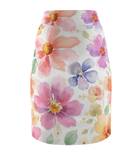 Watercolor Floral Pencil Skirt for Women | Pink Spring Garden Skirt | Feminine Pastel Outfit | Mid-Waist AOP Skirt