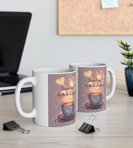 Faith And Coffee Fuels Me Ceramic Mug — Inspirational Heart Fairy Coffee Lovers Cup 11 oz & 15 oz