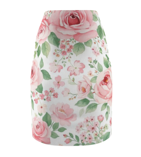Pink Rose Floral Pencil Skirt for Women | Romantic Garden Skirt | Soft Watercolor Spring Outfit | Feminine Mid-Waist Skirt