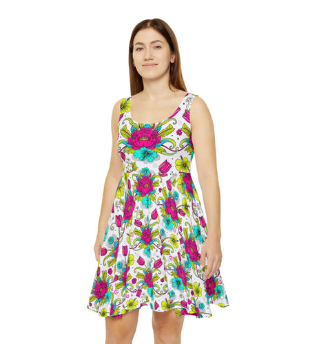 Vibrant Floral Skater Dress, Women’s Colorful Summer Sundress, Bold Boho Dress, Bright Garden Party Outfit, Statement Floral Dress