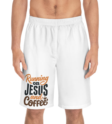 Men’s Christian Board Shorts – Running on Jesus and Coffee Swim Trunks, Faith Summer Beach Shorts