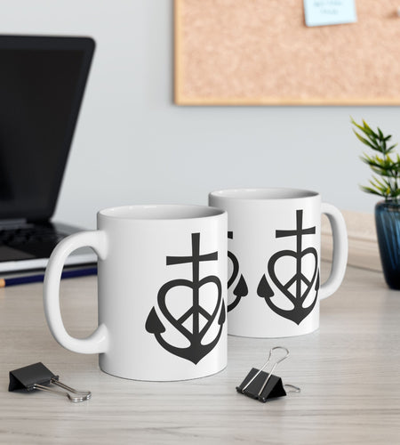 Faith, Love & Peace Ceramic Mug — Uplifting Christian Coffee Lover Cup 11 oz & 15 oz