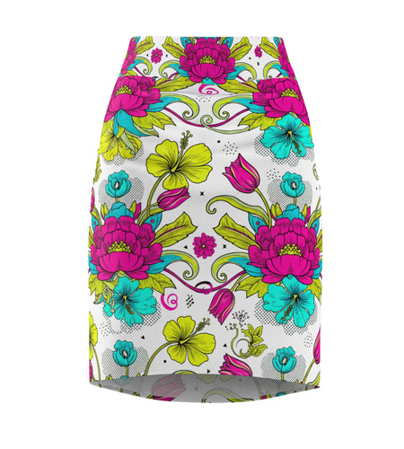 Floral Pencil Skirt – Bright Pink & Teal Garden Print Midi Skirt, Colorful Boho Chic Summer Outfit, Office to Party Wear