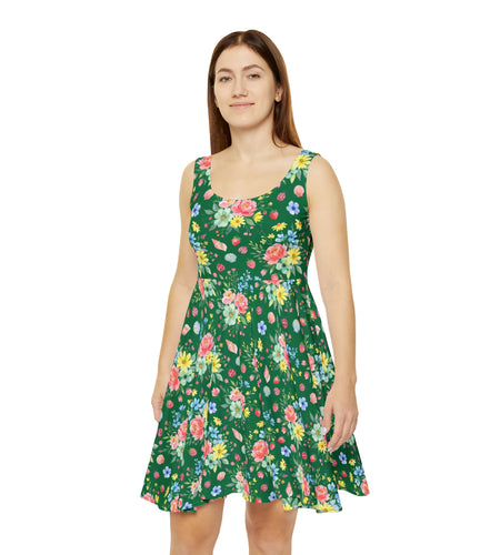 Green Floral Skater Dress, Women’s Spring Summer Sundress, Garden Party Dress, Cottagecore Dress, Casual Everyday Floral Outfit