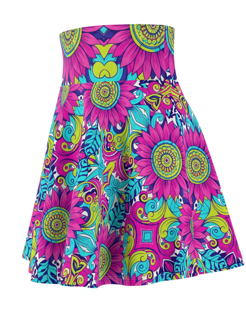 Load image into Gallery viewer, Psychedelic Floral Skater Skirt for Women | Bright Colorful Festival Skirt | Boho Summer Outfit | Vibrant High Waist Skirt
