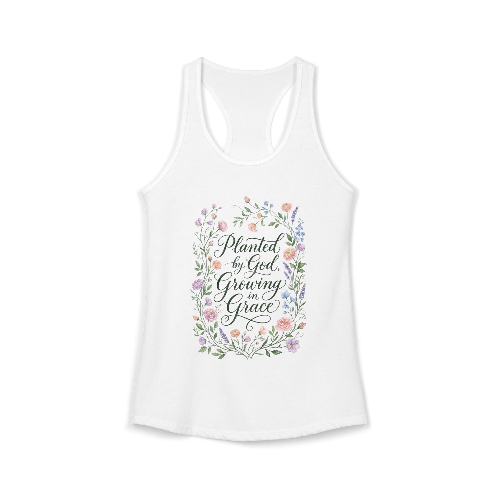 Planted by God Growing in Grace Racerback Tank – Christian Floral Tank Top for Women – Faith Based Summer Church Shirt – Inspirational Christian Gift