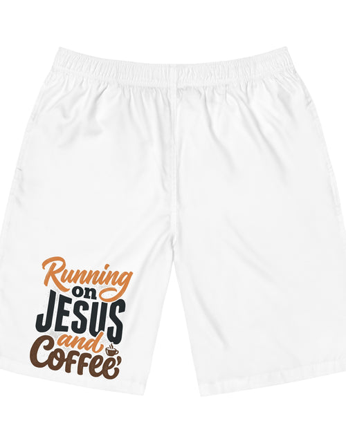 Load image into Gallery viewer, Men’s Christian Board Shorts – Running on Jesus and Coffee Swim Trunks, Faith Summer Beach Shorts
