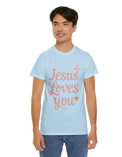 Load image into Gallery viewer, Jesus Loves You T-Shirt – Pink Script Faith Tee with Cross
