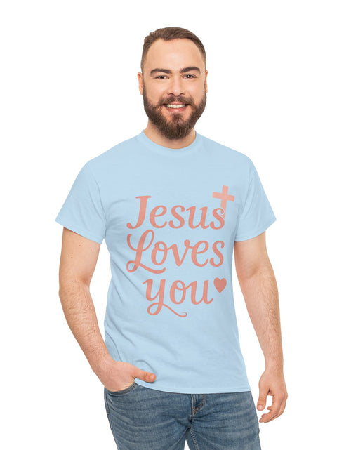 Load image into Gallery viewer, Jesus Loves You T-Shirt – Pink Script Faith Tee with Cross
