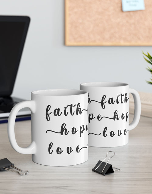 Load image into Gallery viewer, Faith Hope Love Ceramic Coffee Mug — Inspirational Scripture Coffee Lovers Cup 11 oz &amp; 15 oz
