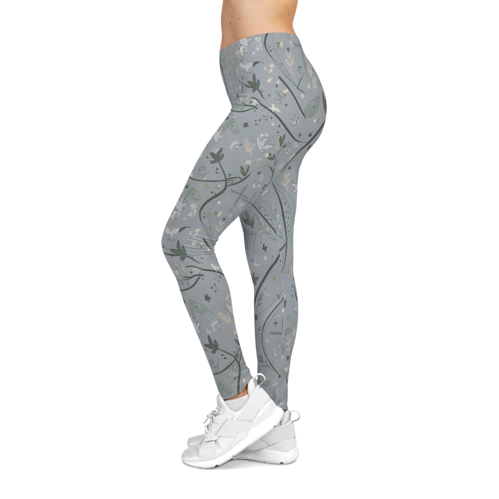 Faith Dove Floral Print Leggings — Soft Gray All-Over Patterned Women's & Girls Leggings