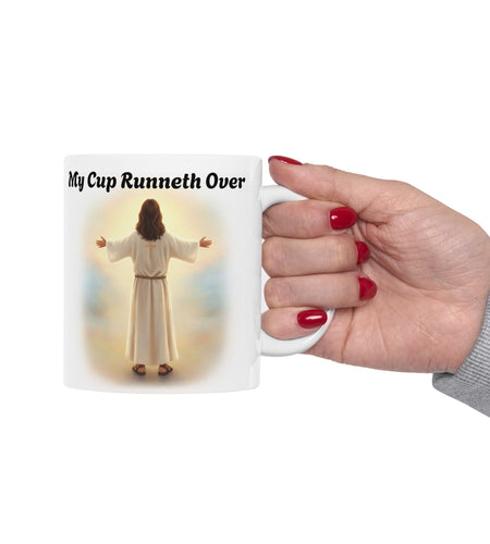 With Him My Cup Runneth Over – Jesus Coffee Mug | Christian Coffee Lover Gift | Faith & Humor Mug 11 oz & 15 oz