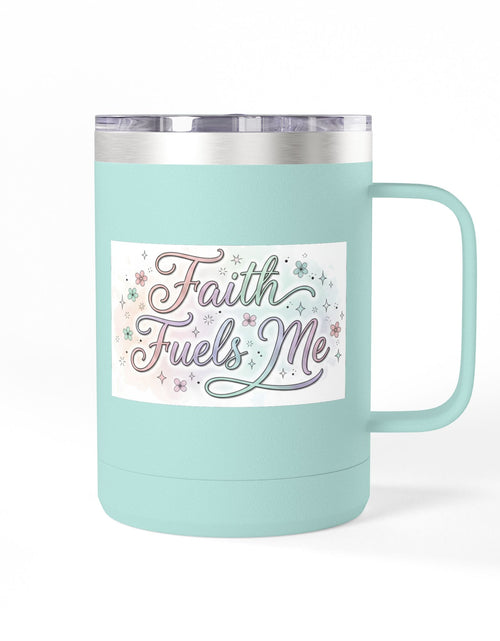 Load image into Gallery viewer, 15oz Insulated Coffee Tumbler Mug — "Faith Fuels Me" Pastel Star Design
