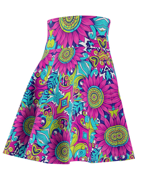 Load image into Gallery viewer, Psychedelic Floral Skater Skirt for Women | Bright Colorful Festival Skirt | Boho Summer Outfit | Vibrant High Waist Skirt
