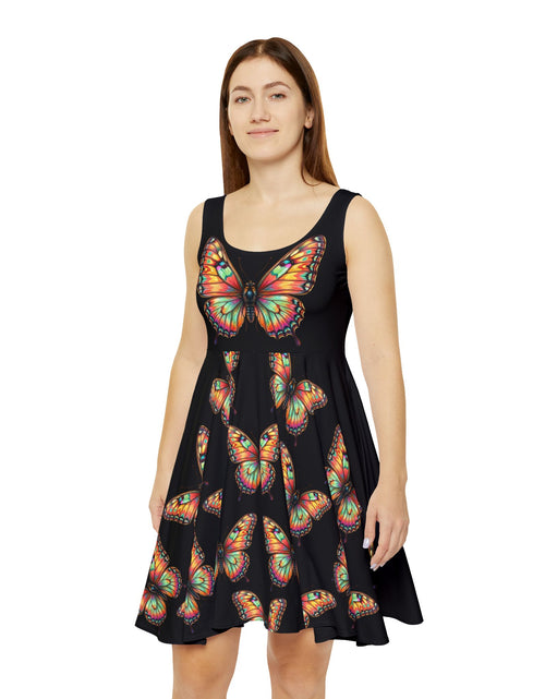 Load image into Gallery viewer, Monarch Butterfly Transformation Skater Dress, Women’s Bold Artistic Sundress, Colorful Statement Dress, Empowerment Outfit, Vibrant Butterfly Dress
