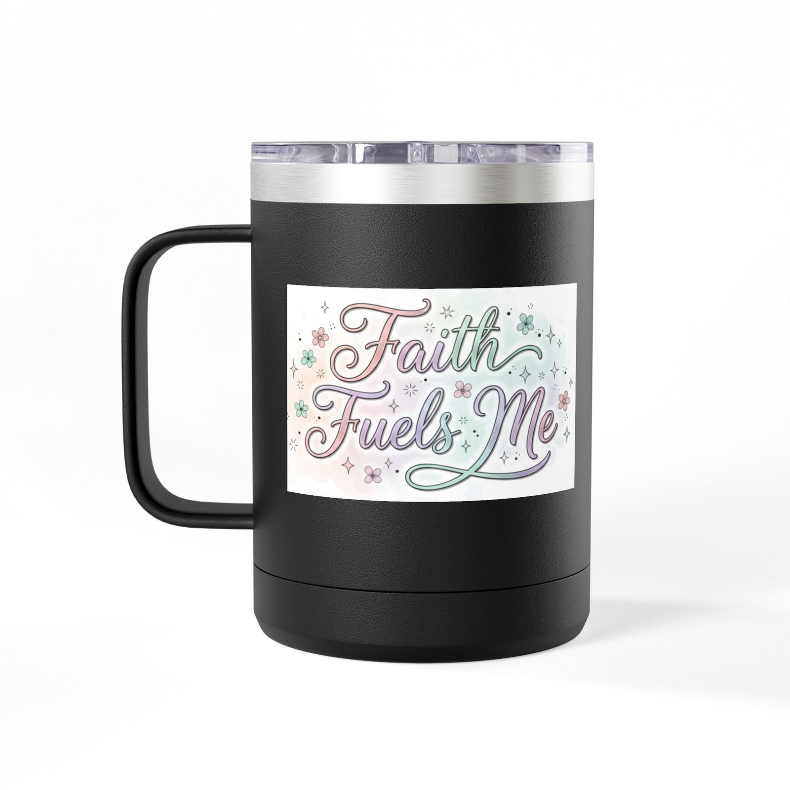 15oz Insulated Coffee Tumbler Mug — "Faith Fuels Me" Pastel Star Design
