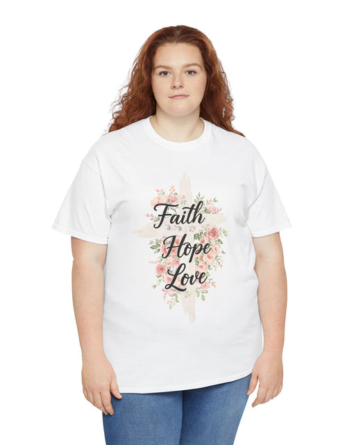Load image into Gallery viewer, Faith Hope Love T-Shirt — Floral Cross Christian Tee for Women
