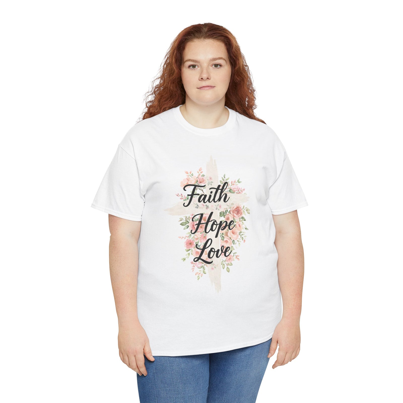 Faith Hope Love T-Shirt — Floral Cross Christian Tee for Women