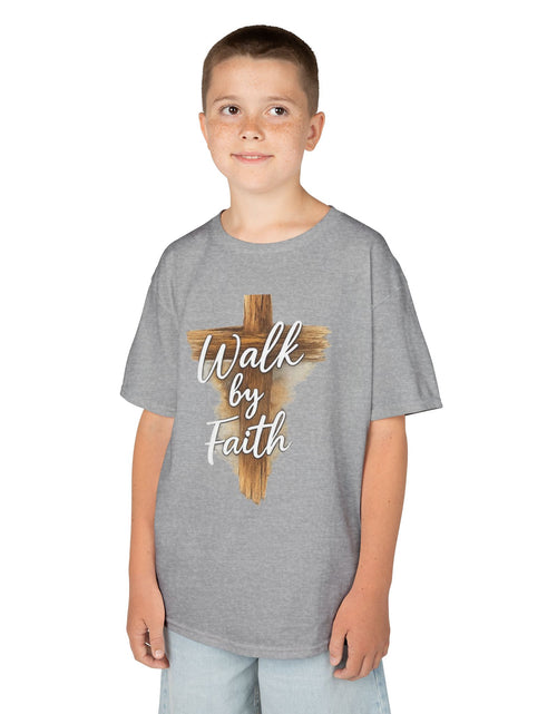 Load image into Gallery viewer, Kids Tee — 'Walk by Faith' Wooden Cross Christian Shirt
