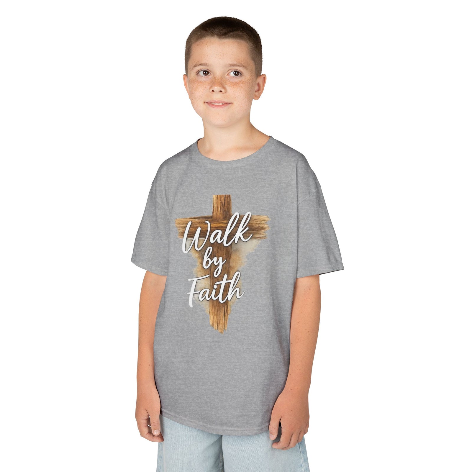 Kids Tee — 'Walk by Faith' Wooden Cross Christian Shirt
