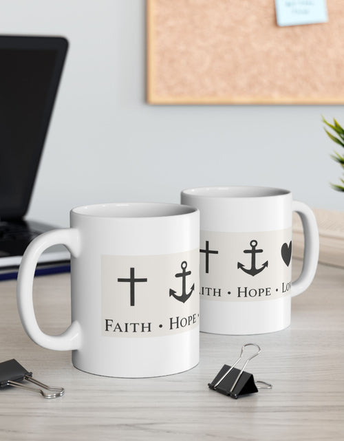 Load image into Gallery viewer, Faith Hope Love Ceramic Mug — Inspirational Cross &amp; Anchor Coffee Cup 11 oz &amp; 15 oz
