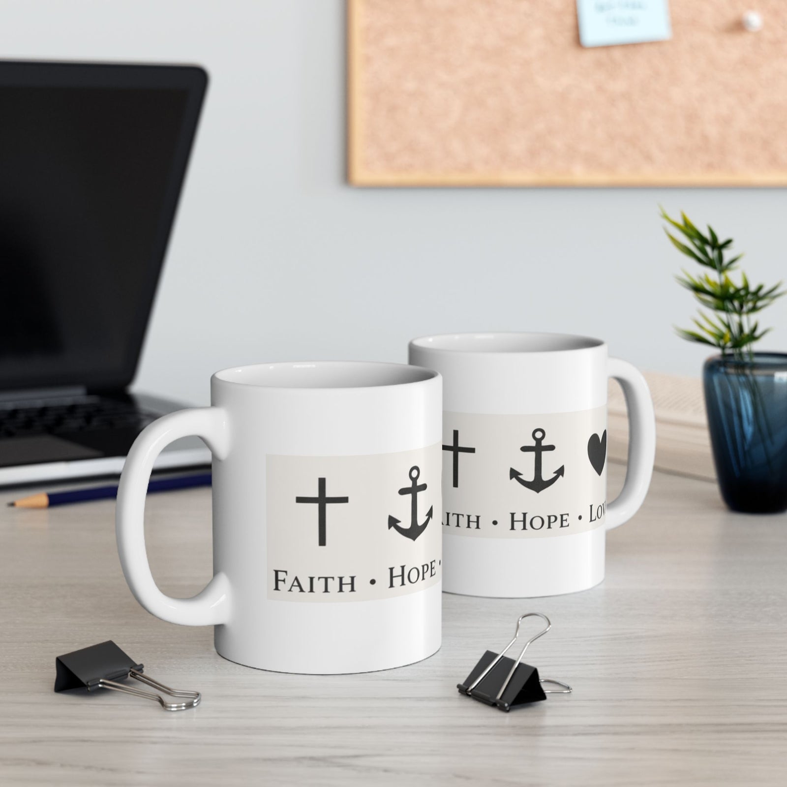 Faith Hope Love Ceramic Mug — Inspirational Cross & Anchor Coffee Cup 11 oz & 15 oz