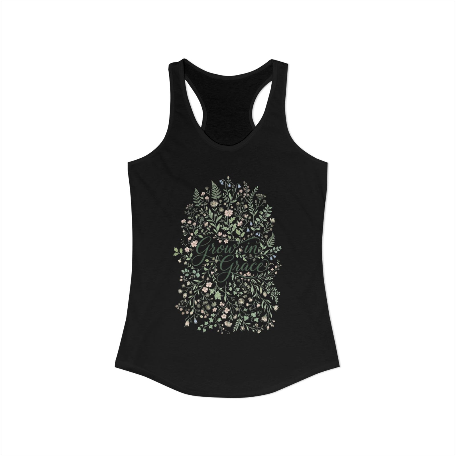 Grow in Grace Christian Racerback Tank – Floral Faith Tank Top for Women – Inspirational Church Summer Tank – Christian Gift for Her