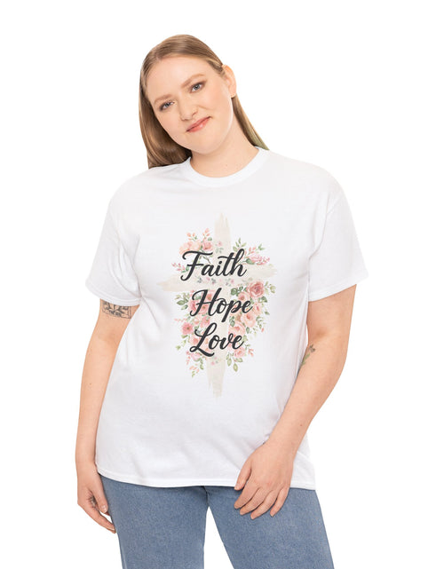 Load image into Gallery viewer, Faith Hope Love T-Shirt — Floral Cross Christian Tee for Women
